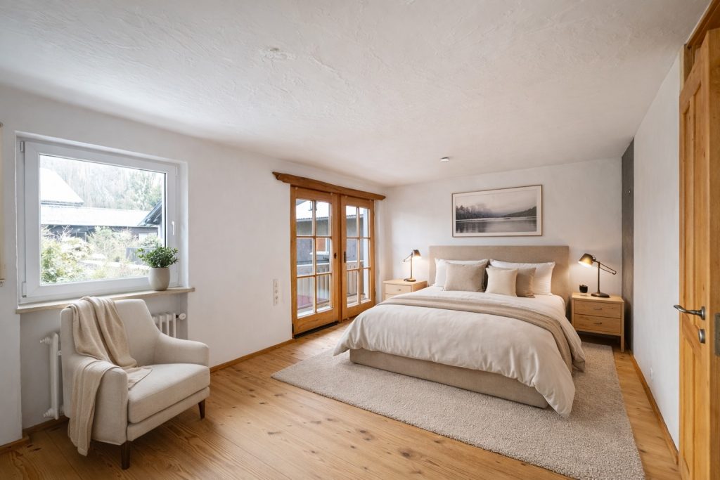Helles Schlafzimmer mit Balkonblick